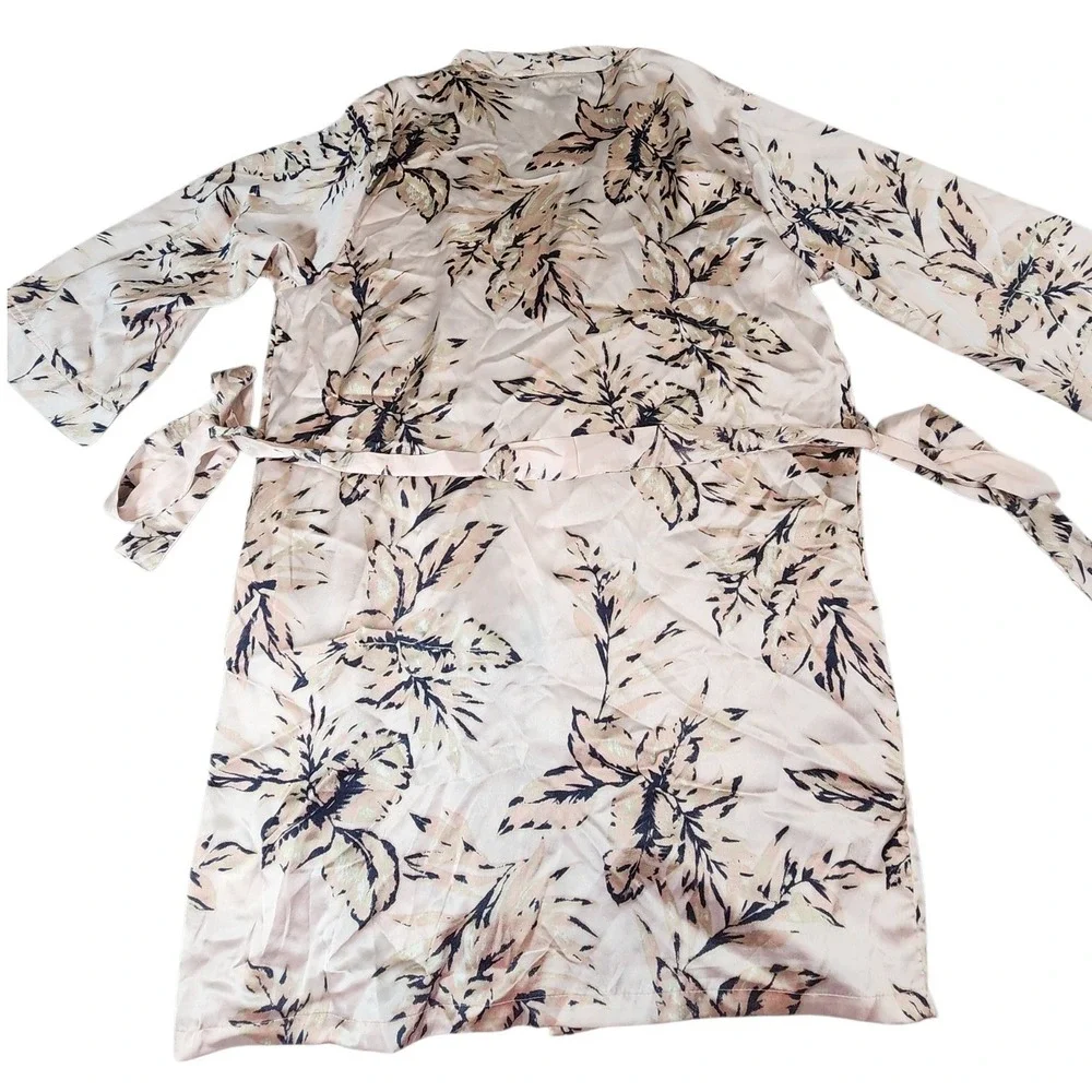 House of Harlow 1960 Robe Women Medium Pink Navy Leaf Print Satin Belted Pockets